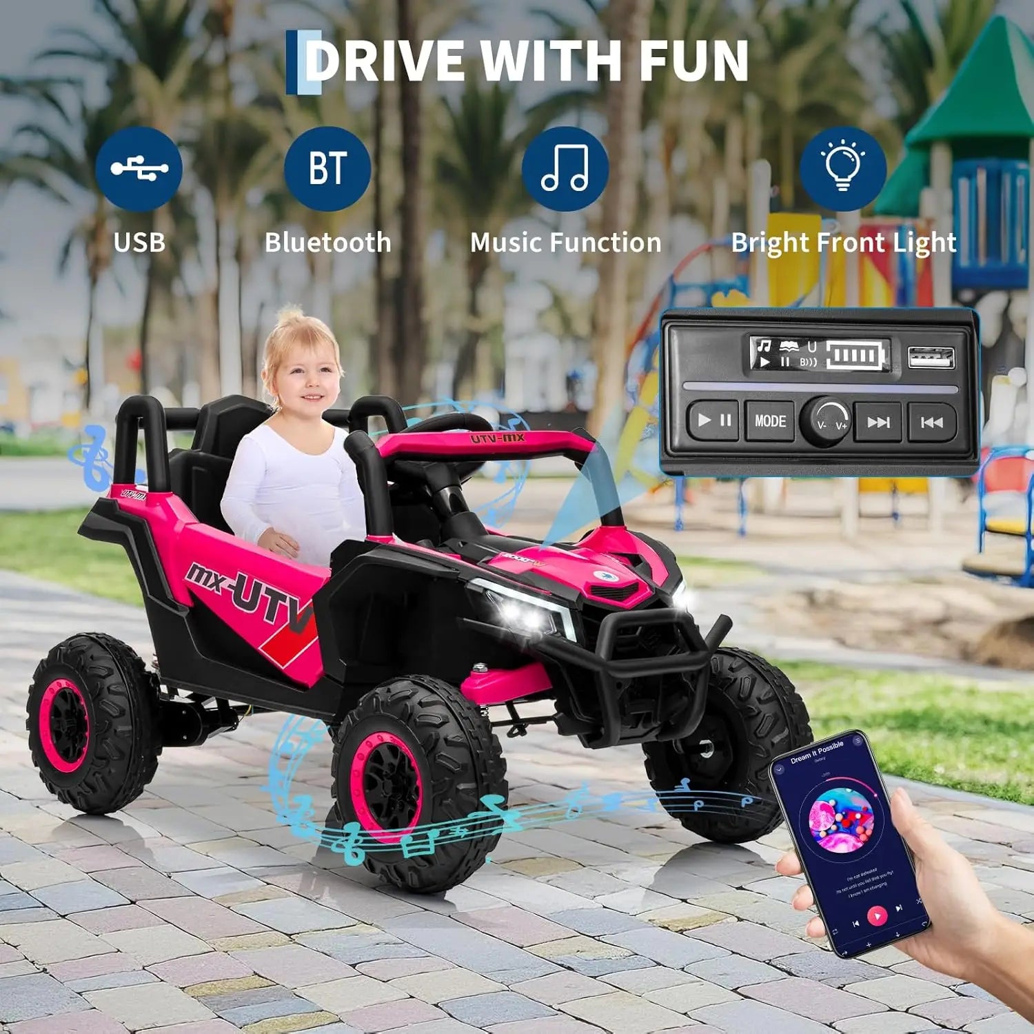 Bluetooth Music LED Lights Kids Ride On Car UTV Truck with RC