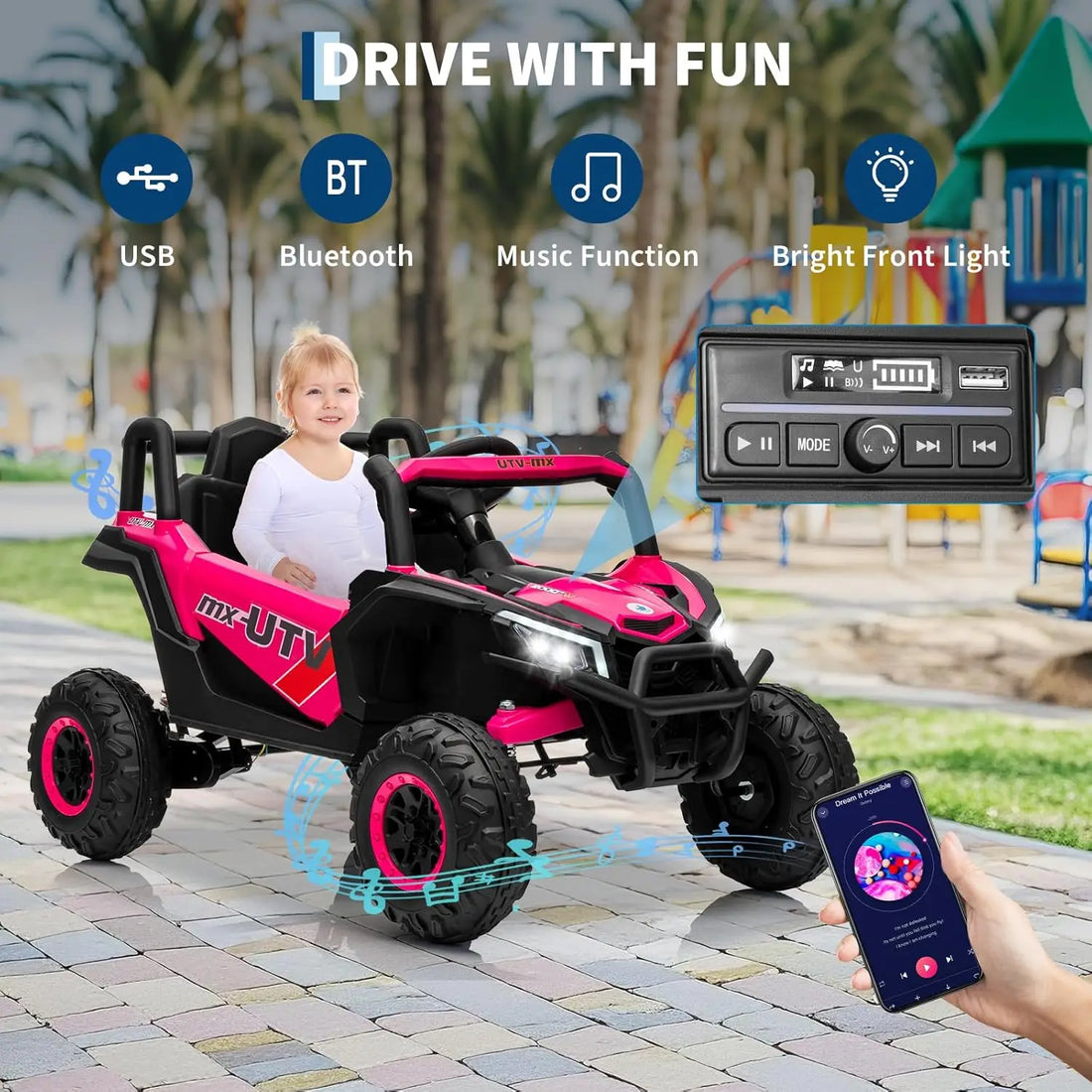 Bluetooth Music LED Lights Kids Ride On Car UTV Truck with RC