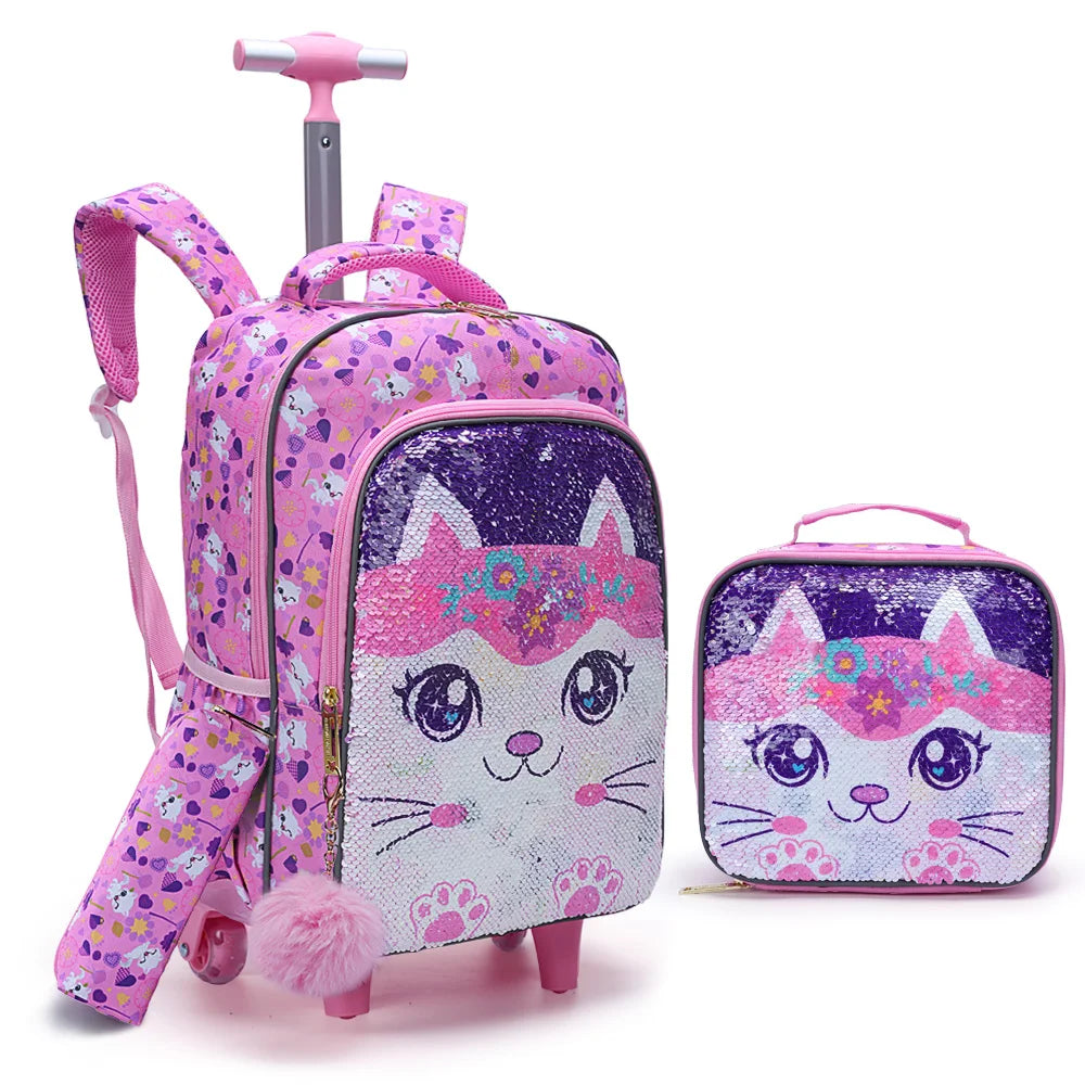 Rolling Backpack For Girls, Cute Cartoon Cat Sequin Bookbag