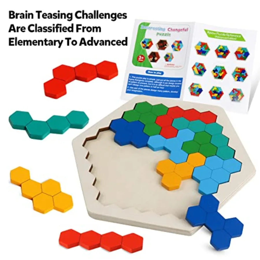 Wooden Blocks Puzzle for Kid Adults Brain Teaser Hexagon Puzzles