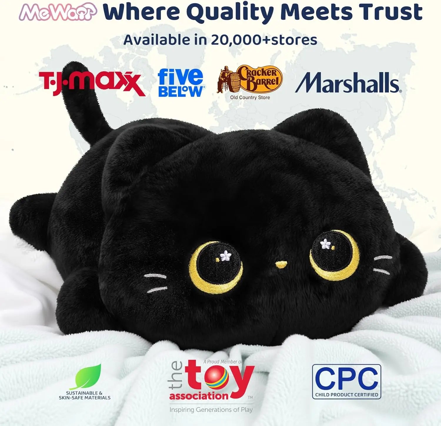 Cute Black Cat Plush Pillow, Kawaii Stuffed Animal Toy for Kids