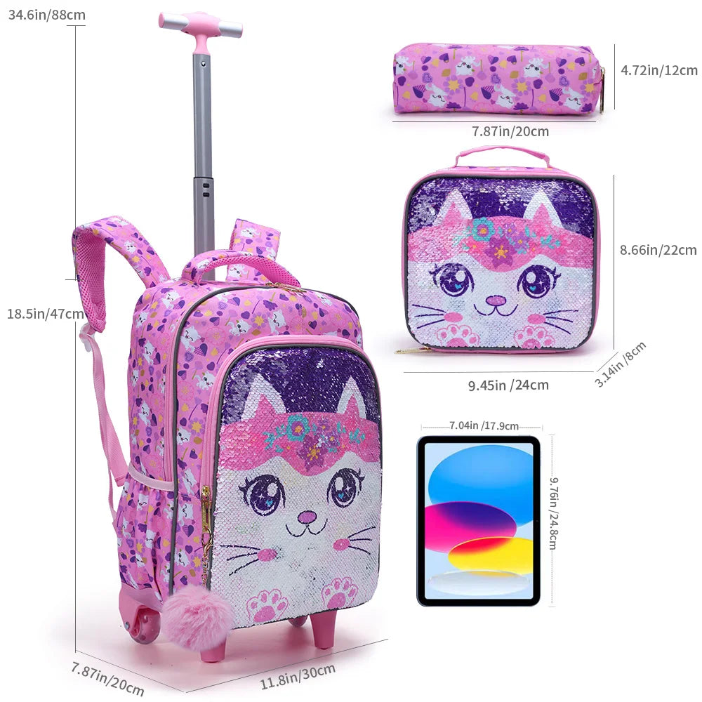 Rolling Backpack For Girls, Cute Cartoon Cat Sequin Bookbag