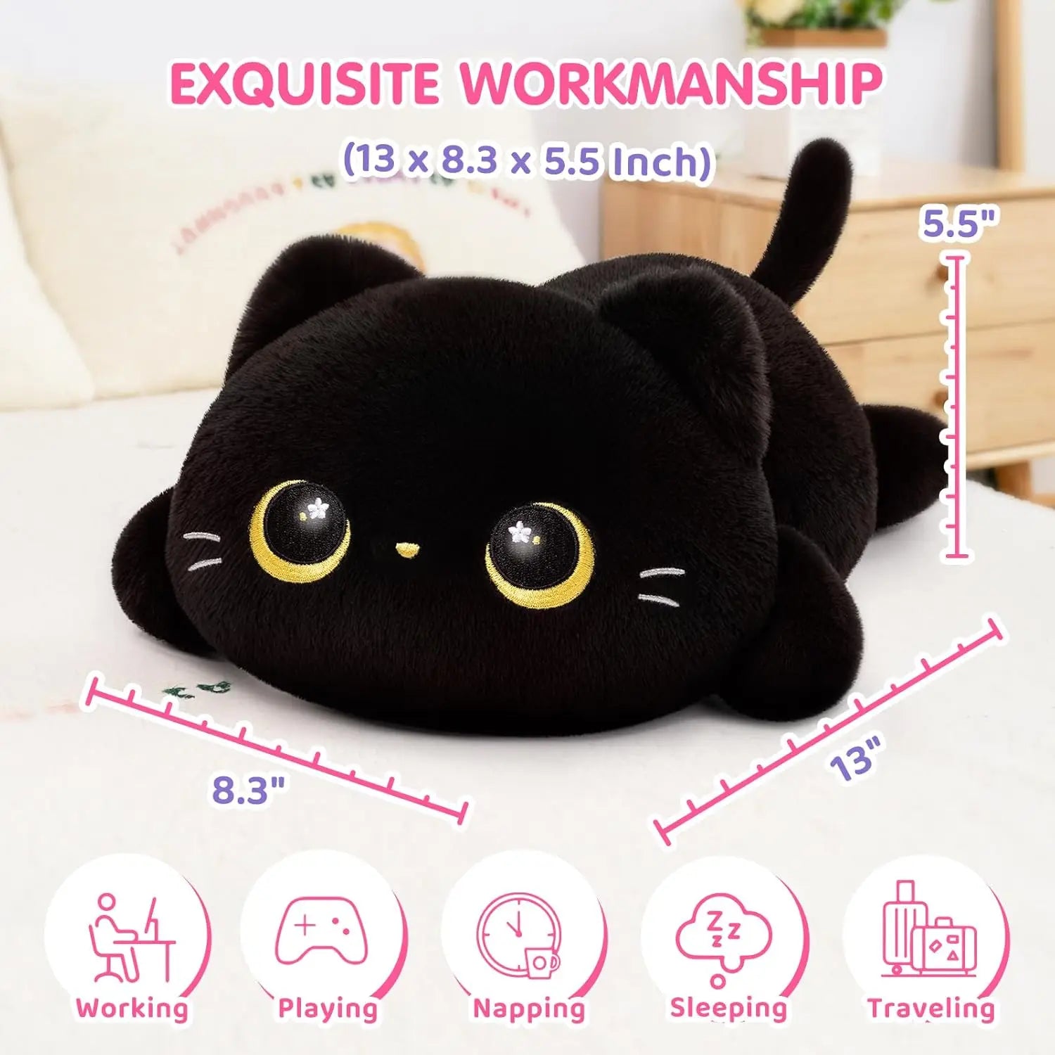 Cute Black Cat Plush Pillow, Kawaii Stuffed Animal Toy for Kids