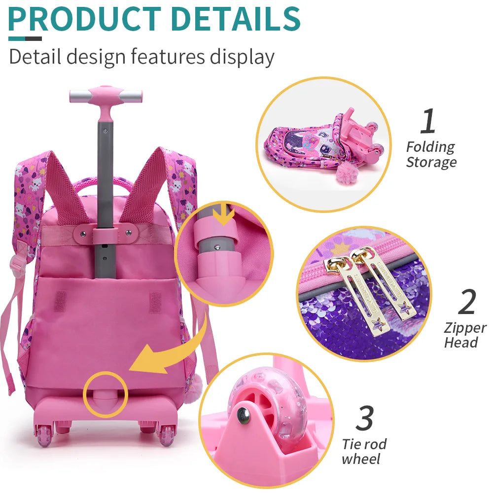 Rolling Backpack For Girls, Cute Cartoon Cat Sequin Bookbag