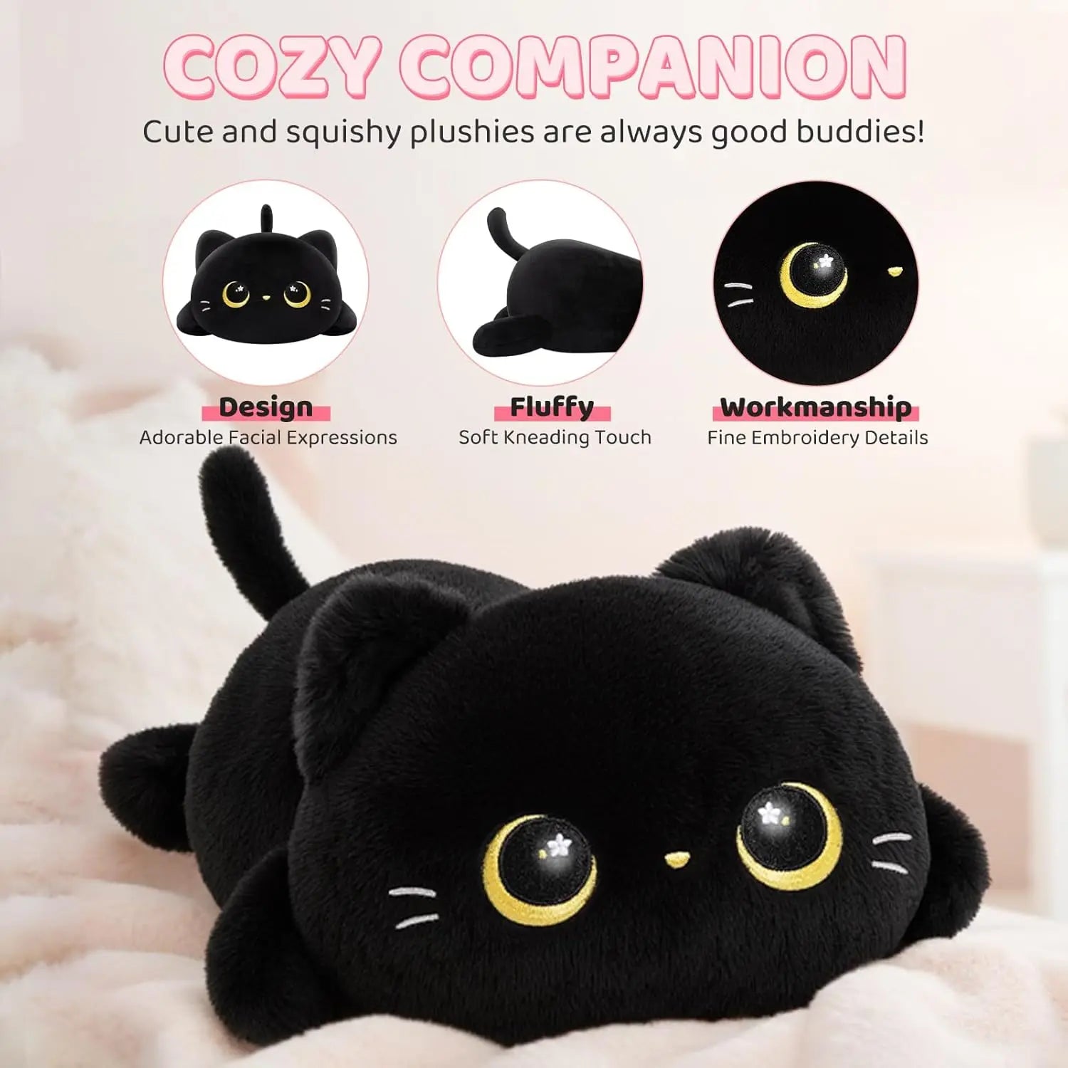 Cute Black Cat Plush Pillow, Kawaii Stuffed Animal Toy for Kids