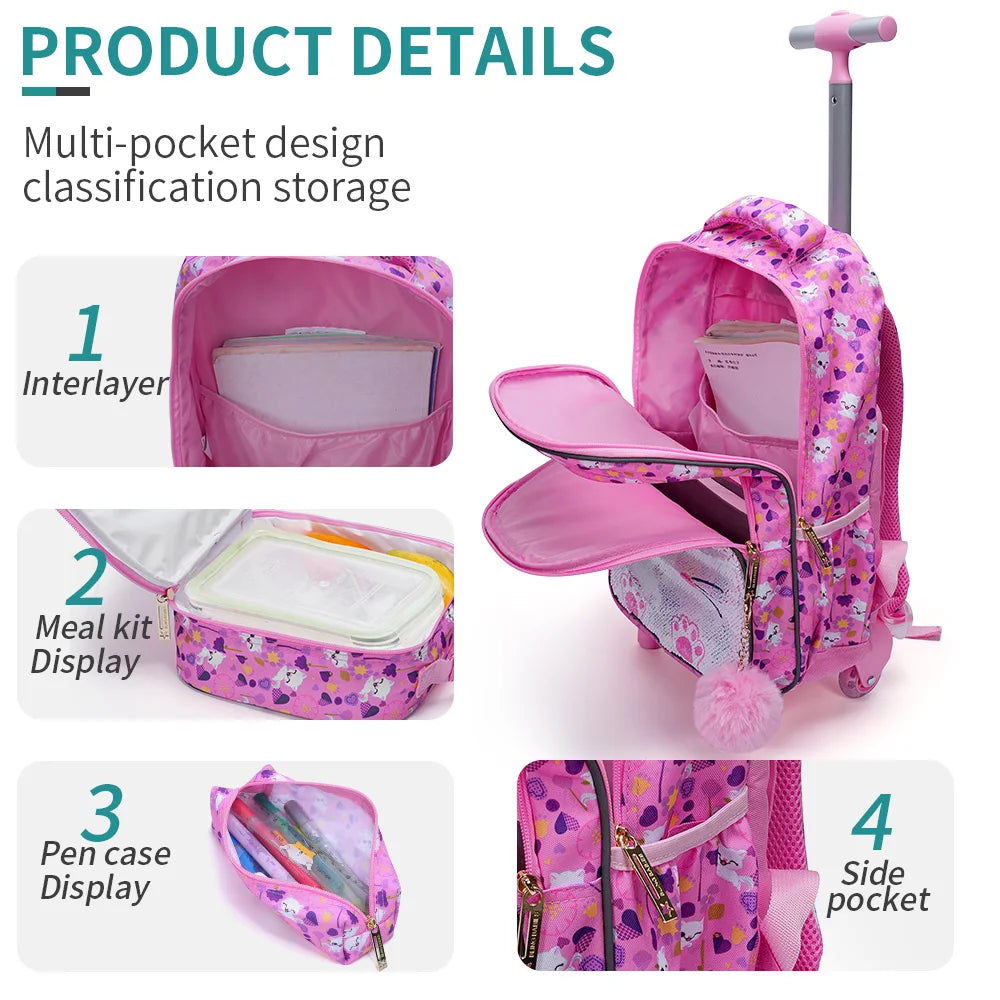 Rolling Backpack For Girls, Cute Cartoon Cat Sequin Bookbag