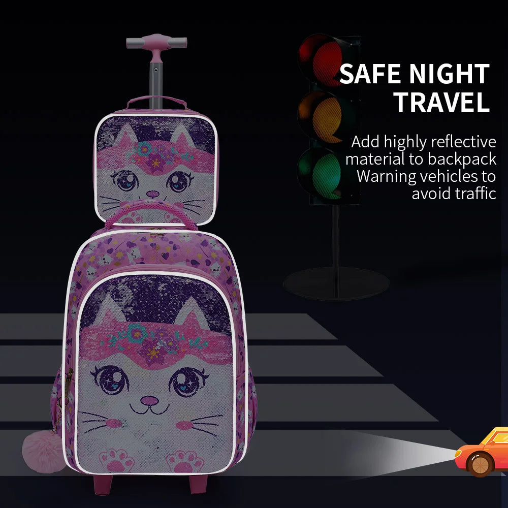 Rolling Backpack For Girls, Cute Cartoon Cat Sequin Bookbag