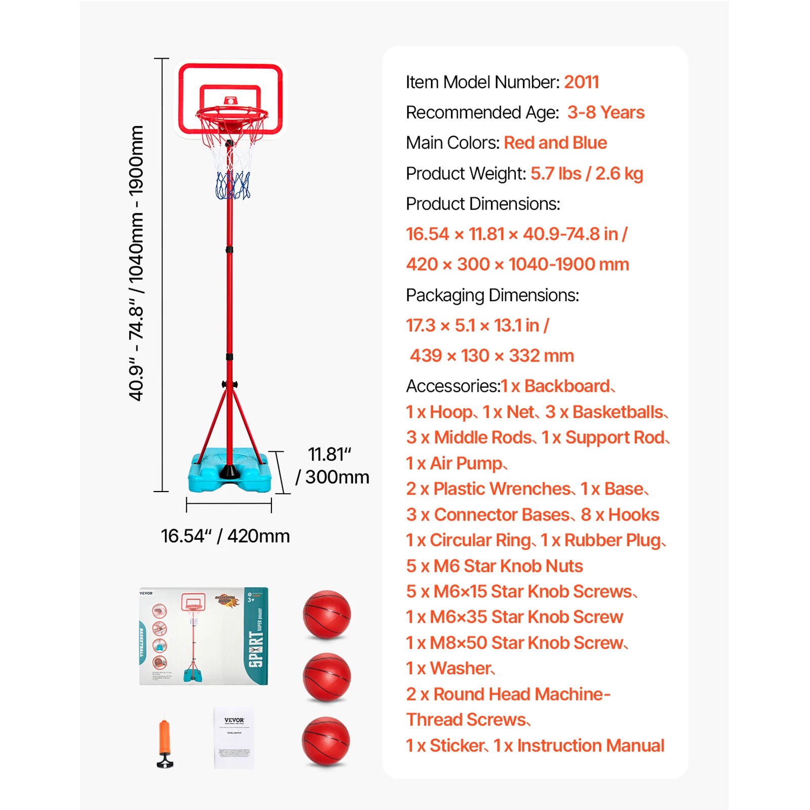 Toddler Adjustable Basketball Hoop 104-190CM Rack for Kids Outdoor