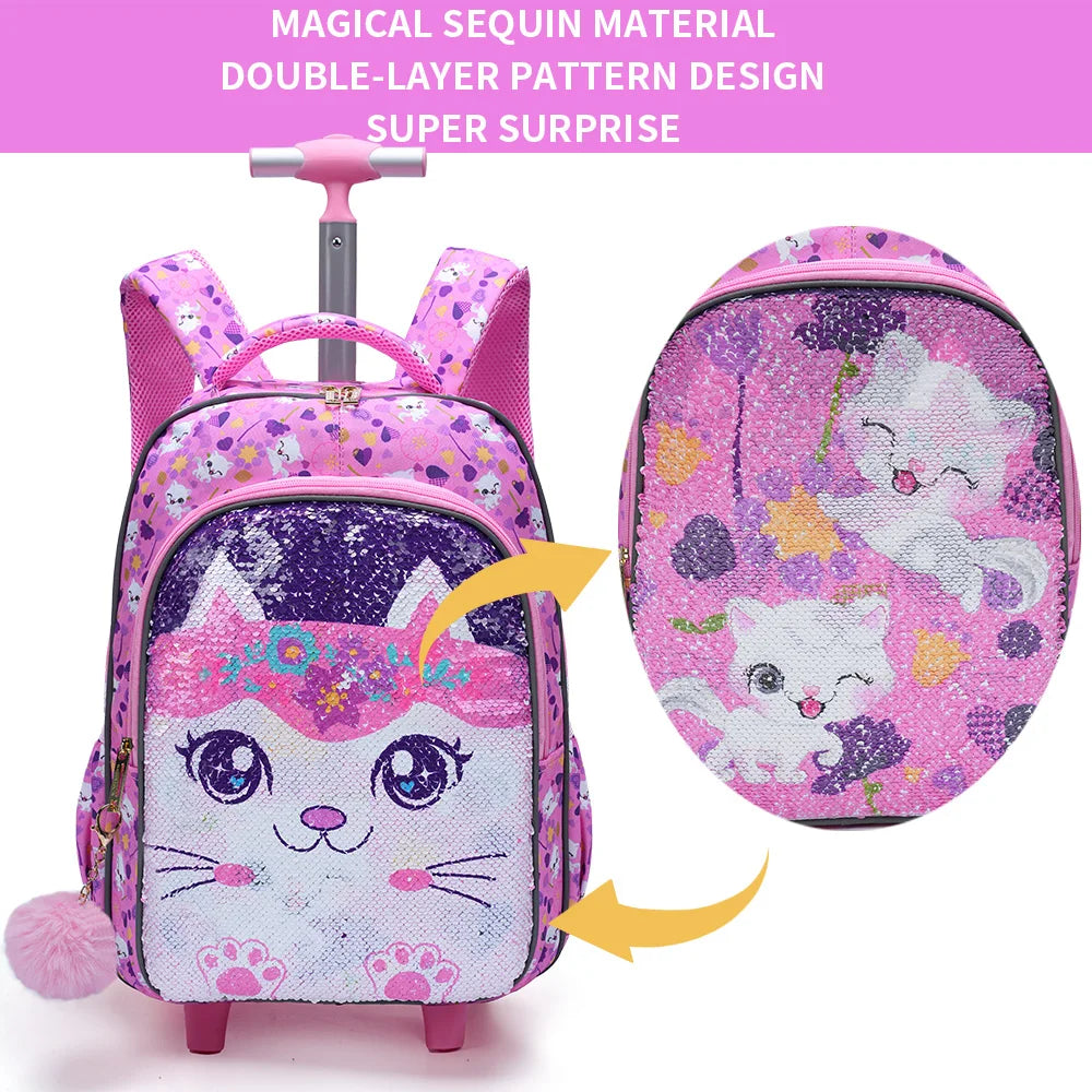 Rolling Backpack For Girls, Cute Cartoon Cat Sequin Bookbag