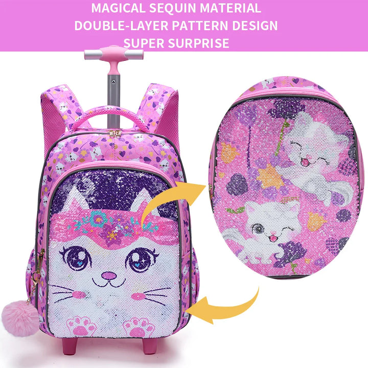 Rolling Backpack For Girls, Cute Cartoon Cat Sequin Bookbag